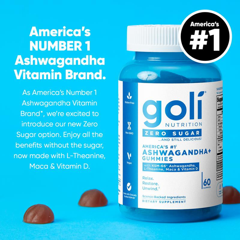 Goli Zero Sugar Ashwagandha & L-Theanine, Vitamin D & Maca Gummies - KSM-66, Keto-Friendly, No Artificial Sweeteners, No Sugar Alcohols, Vegan, Plant Based, Non-Gmo, Gluten-Free & Gelatin Free.