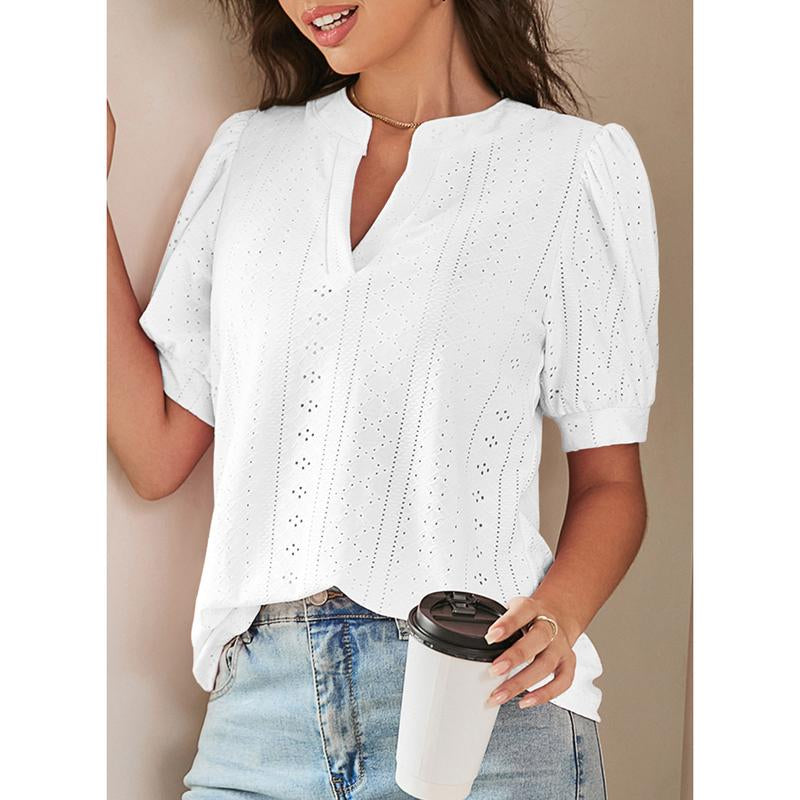 Dokotoo Women'S Summer Business Casual Blouses V Neck Short Sleeve Shirts Hollow Out Cute Lace Tops Loose Fit Breathable Fabric