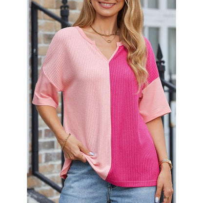 Dokotoo Womens Summer Tops Fashion 2025 Half Sleeve Waffle Knit Shirts Casual V Neck Colorblock Patchwork Blouses