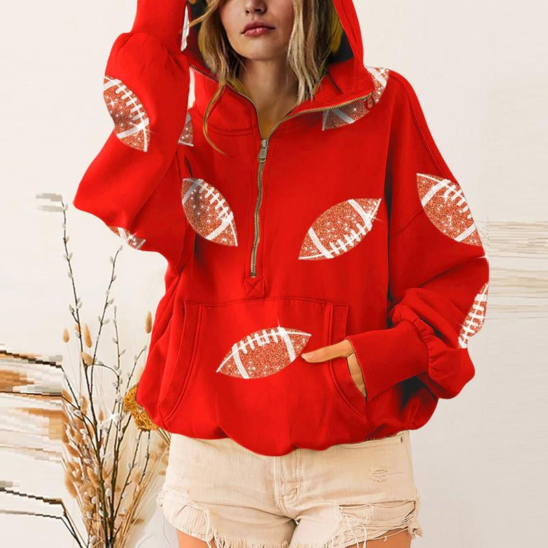 Ommig Womens Game Day Sweatshirts Football Sequin Hoodies Tailgate Outfits Long Sleeve Zipper Sweaters with Pocket