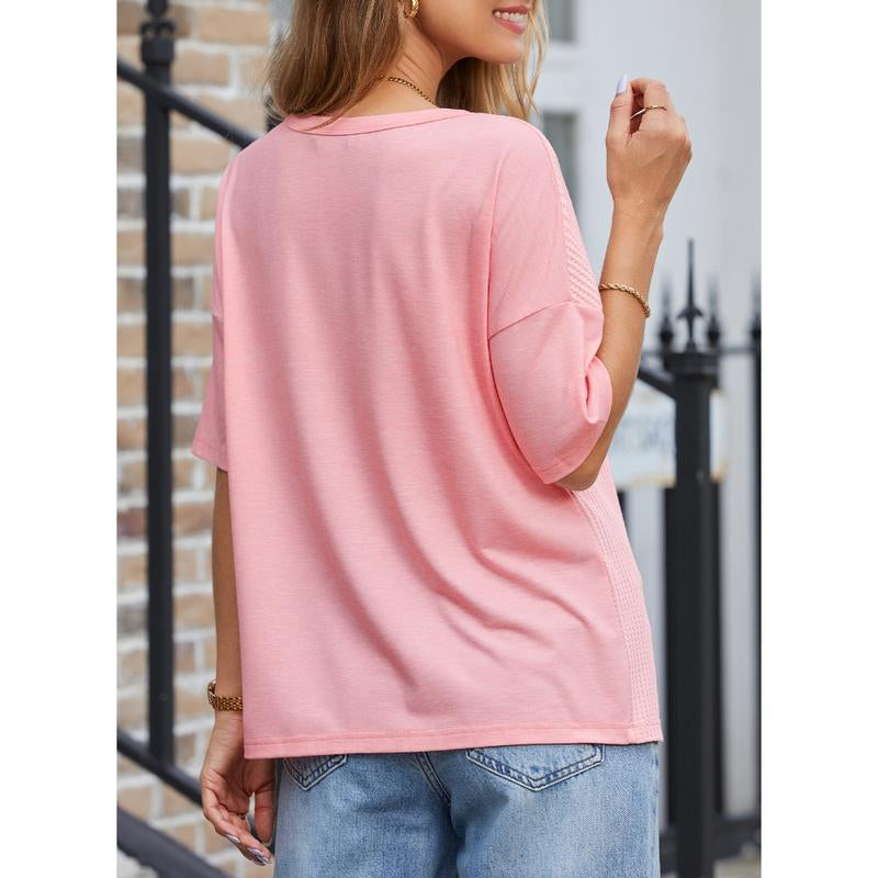Dokotoo Womens Summer Tops Fashion 2025 Half Sleeve Waffle Knit Shirts Casual V Neck Colorblock Patchwork Blouses