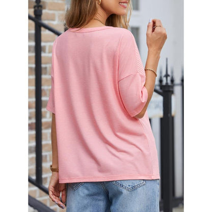 Dokotoo Womens Summer Tops Fashion 2025 Half Sleeve Waffle Knit Shirts Casual V Neck Colorblock Patchwork Blouses