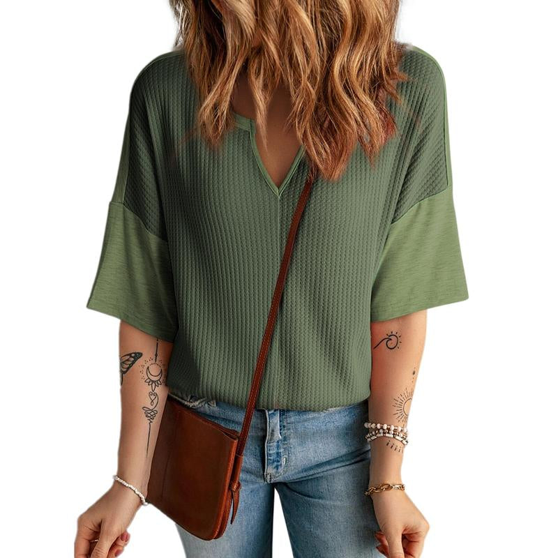Dokotoo Womens Summer Tops Fashion 2025 Half Sleeve Waffle Knit Shirts Casual V Neck Colorblock Patchwork Blouses