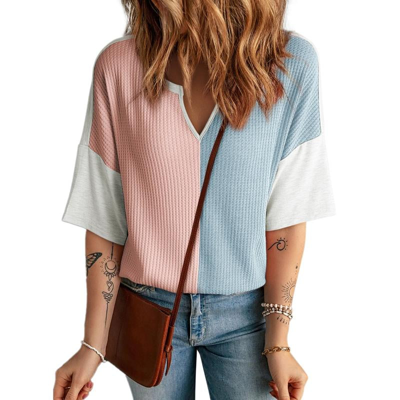 Dokotoo Womens Summer Tops Fashion 2025 Half Sleeve Waffle Knit Shirts Casual V Neck Colorblock Patchwork Blouses