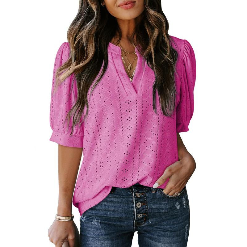 Dokotoo Women'S Summer Business Casual Blouses V Neck Short Sleeve Shirts Hollow Out Cute Lace Tops Loose Fit Breathable Fabric