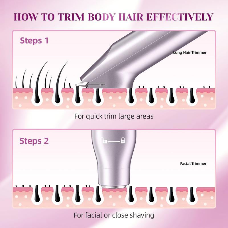 Bikini Trimmer for Women, Electric Shaver and Razor Rechargeable 2-In-1/3-In-1 Body and Facial Epilator, Dual Heads for Painless Trimming of Pubic Hair, Face, Underarms and Legs, IPX7 Waterproof. Christmas Gift New Year Gift Shaving Grooming