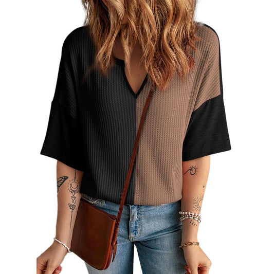 Dokotoo Womens Summer Tops Fashion 2025 Half Sleeve Waffle Knit Shirts Casual V Neck Colorblock Patchwork Blouses