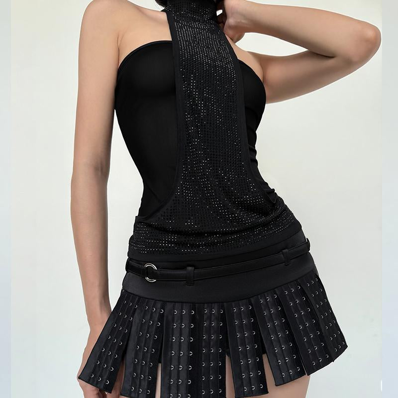 Crystal Embellished Halter Tank Top Women'S Sexy Neck Tie Back Slim Bodycon Solid Top for Summer Holiday Vacation Outfit Night Party Dating Short Tops