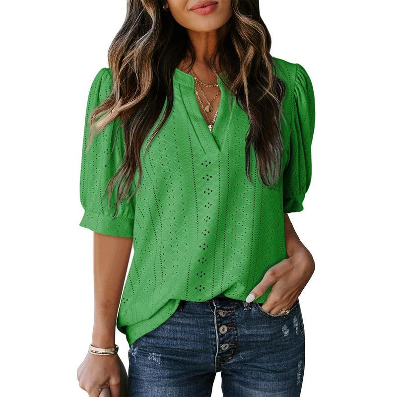 Dokotoo Women'S Summer Business Casual Blouses V Neck Short Sleeve Shirts Hollow Out Cute Lace Tops Loose Fit Breathable Fabric