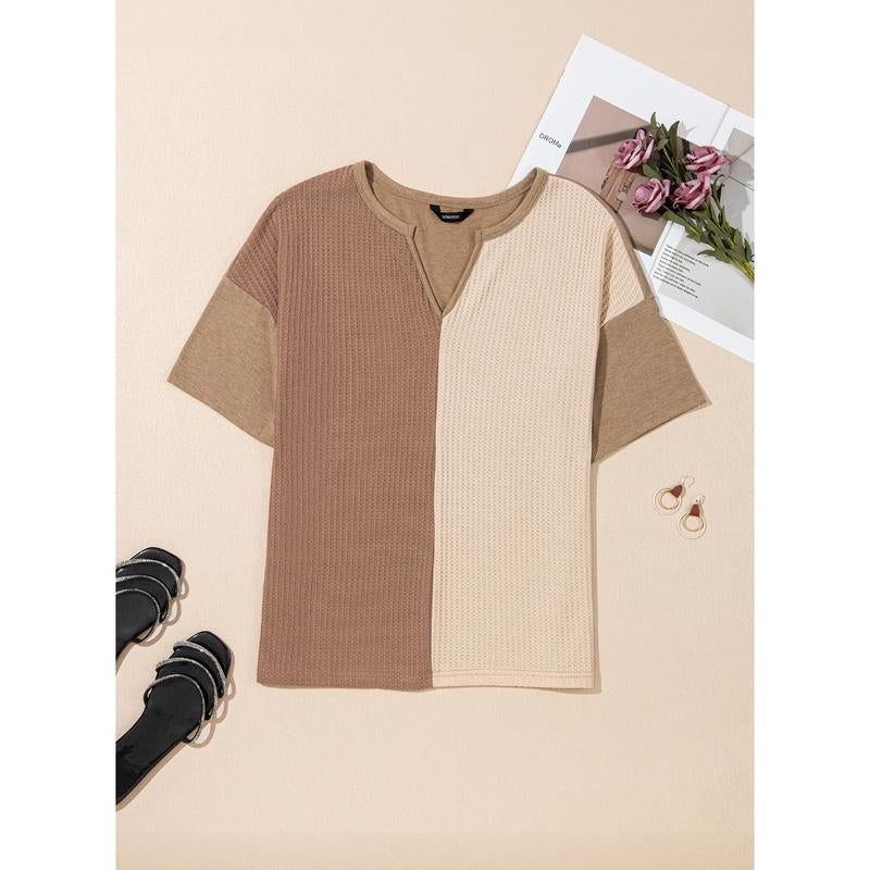 Dokotoo Womens Summer Tops Fashion 2025 Half Sleeve Waffle Knit Shirts Casual V Neck Colorblock Patchwork Blouses