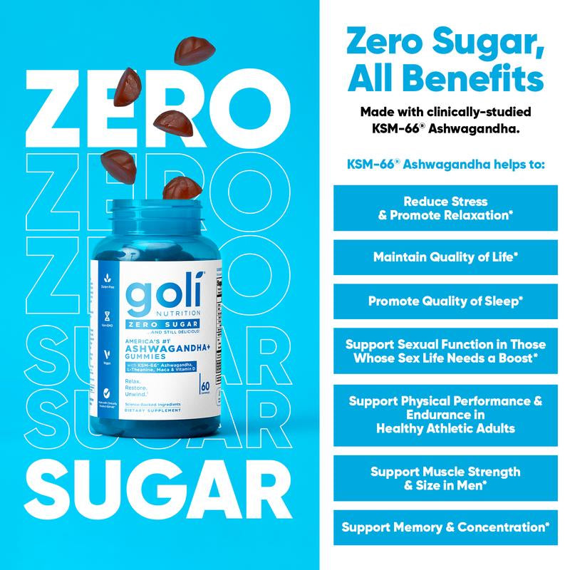 Goli Zero Sugar Ashwagandha & L-Theanine, Vitamin D & Maca Gummies - KSM-66, Keto-Friendly, No Artificial Sweeteners, No Sugar Alcohols, Vegan, Plant Based, Non-Gmo, Gluten-Free & Gelatin Free.