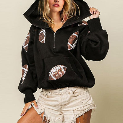 Ommig Womens Game Day Sweatshirts Football Sequin Hoodies Tailgate Outfits Long Sleeve Zipper Sweaters with Pocket