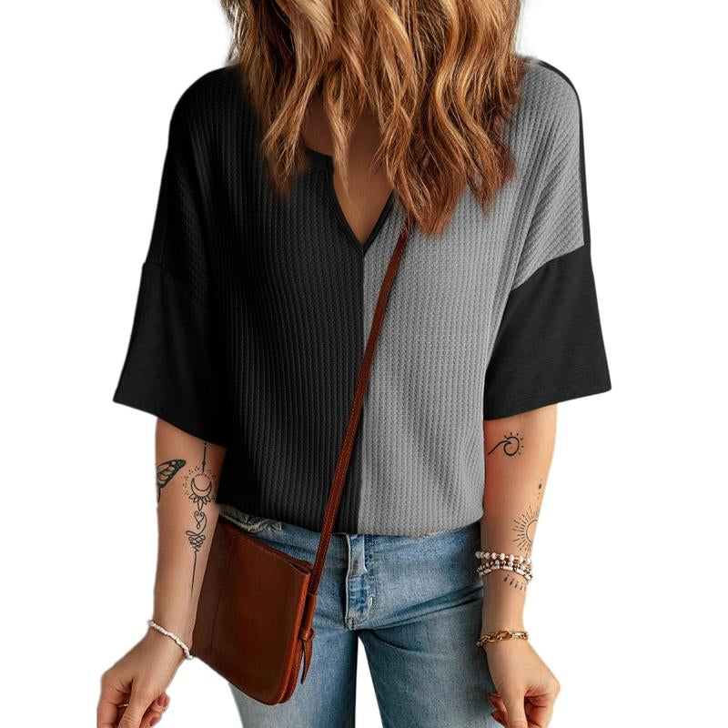 Dokotoo Womens Summer Tops Fashion 2025 Half Sleeve Waffle Knit Shirts Casual V Neck Colorblock Patchwork Blouses