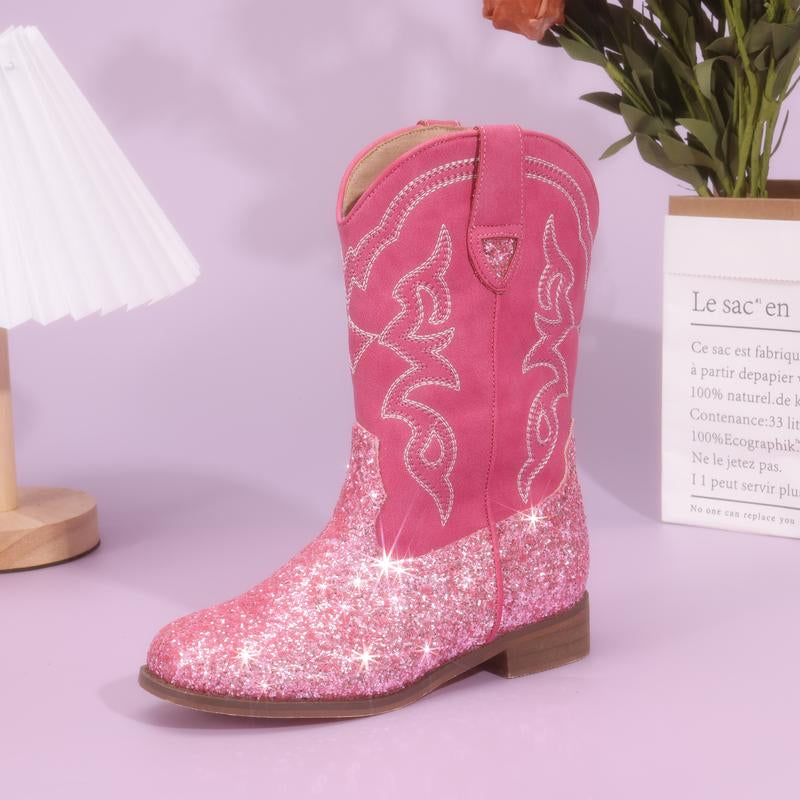 Pasuvo Adorable Toddler Girls and Boys’ Sparkle Glitter Cowboy Boots PU Boots – Western Style Mid-Calf Riding Shoes for Little and Big Kids, Perfect for Every Cowgirl Pink, Black, Gold, Brown