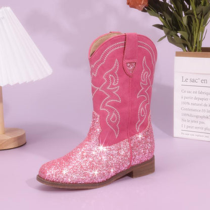 Pasuvo Adorable Toddler Girls and Boys’ Sparkle Glitter Cowboy Boots PU Boots – Western Style Mid-Calf Riding Shoes for Little and Big Kids, Perfect for Every Cowgirl Pink, Black, Gold, Brown