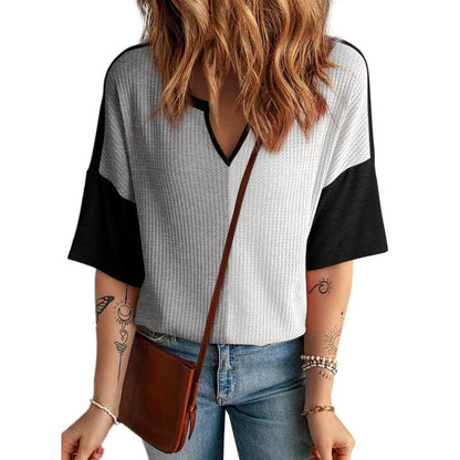 Dokotoo Womens Summer Tops Fashion 2025 Half Sleeve Waffle Knit Shirts Casual V Neck Colorblock Patchwork Blouses
