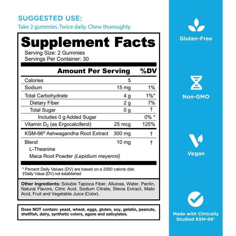 Goli Zero Sugar Ashwagandha & L-Theanine, Vitamin D & Maca Gummies - KSM-66, Keto-Friendly, No Artificial Sweeteners, No Sugar Alcohols, Vegan, Plant Based, Non-Gmo, Gluten-Free & Gelatin Free.