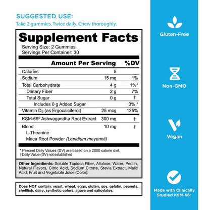 Goli Zero Sugar Ashwagandha & L-Theanine, Vitamin D & Maca Gummies - KSM-66, Keto-Friendly, No Artificial Sweeteners, No Sugar Alcohols, Vegan, Plant Based, Non-Gmo, Gluten-Free & Gelatin Free.