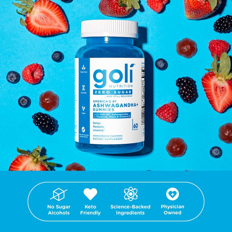 Goli Zero Sugar Ashwagandha & L-Theanine, Vitamin D & Maca Gummies - KSM-66, Keto-Friendly, No Artificial Sweeteners, No Sugar Alcohols, Vegan, Plant Based, Non-Gmo, Gluten-Free & Gelatin Free.