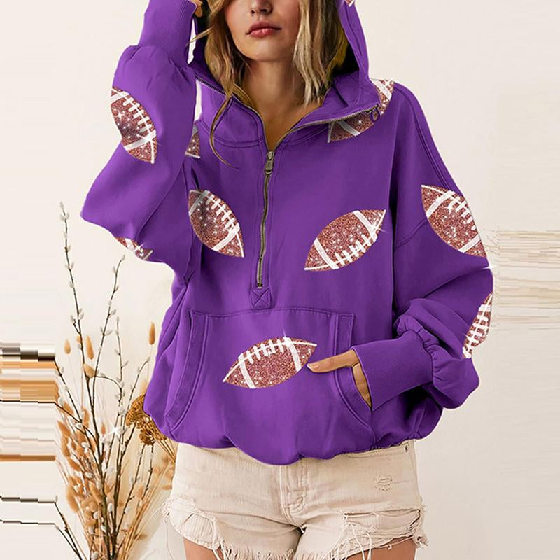Ommig Womens Game Day Sweatshirts Football Sequin Hoodies Tailgate Outfits Long Sleeve Zipper Sweaters with Pocket