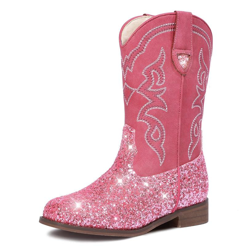 Pasuvo Adorable Toddler Girls and Boys’ Sparkle Glitter Cowboy Boots PU Boots – Western Style Mid-Calf Riding Shoes for Little and Big Kids, Perfect for Every Cowgirl Pink, Black, Gold, Brown