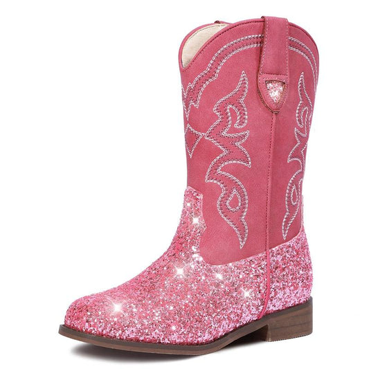 Pasuvo Adorable Toddler Girls and Boys’ Sparkle Glitter Cowboy Boots PU Boots – Western Style Mid-Calf Riding Shoes for Little and Big Kids, Perfect for Every Cowgirl Pink, Black, Gold, Brown