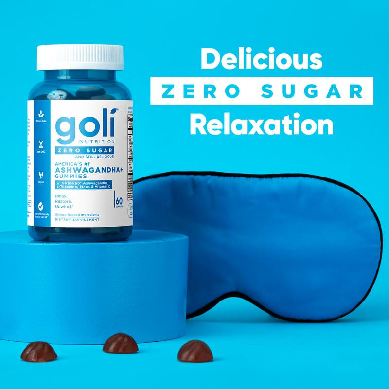 Goli Zero Sugar Ashwagandha & L-Theanine, Vitamin D & Maca Gummies - KSM-66, Keto-Friendly, No Artificial Sweeteners, No Sugar Alcohols, Vegan, Plant Based, Non-Gmo, Gluten-Free & Gelatin Free.