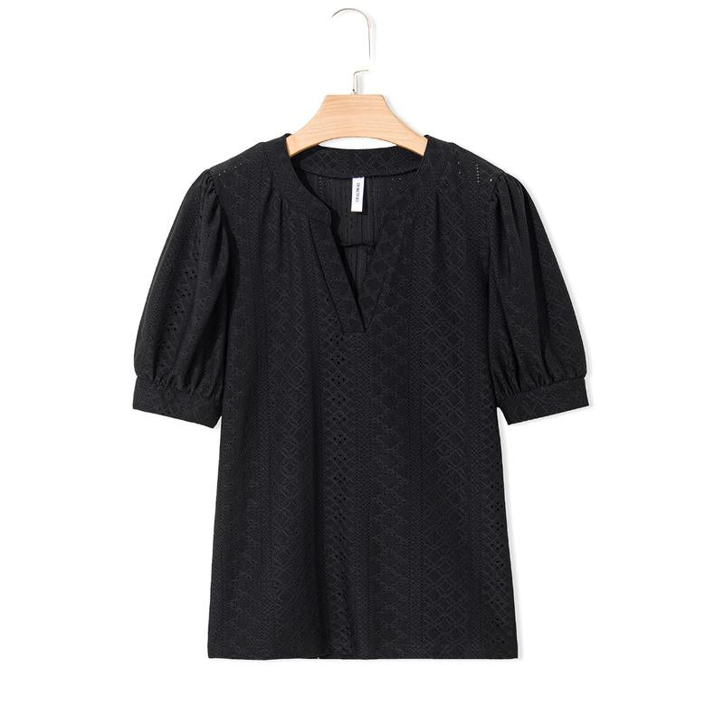 Dokotoo Women'S Summer Business Casual Blouses V Neck Short Sleeve Shirts Hollow Out Cute Lace Tops Loose Fit Breathable Fabric