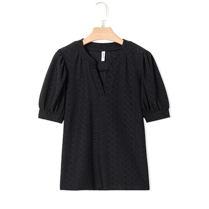 Dokotoo Women'S Summer Business Casual Blouses V Neck Short Sleeve Shirts Hollow Out Cute Lace Tops Loose Fit Breathable Fabric