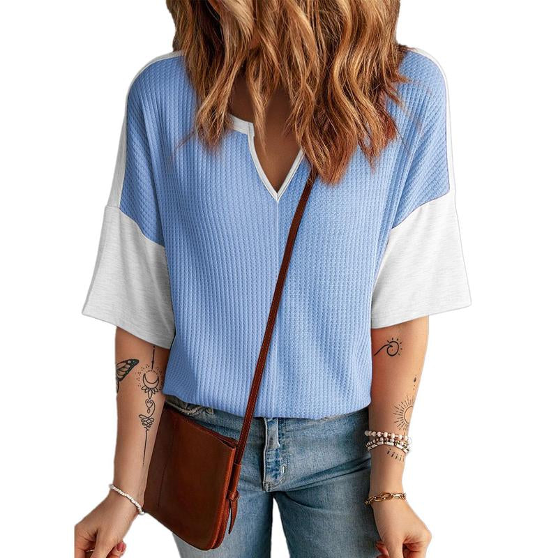 Dokotoo Womens Summer Tops Fashion 2025 Half Sleeve Waffle Knit Shirts Casual V Neck Colorblock Patchwork Blouses