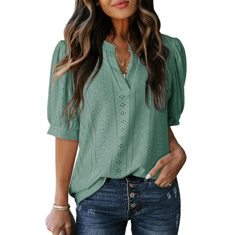 Dokotoo Women'S Summer Business Casual Blouses V Neck Short Sleeve Shirts Hollow Out Cute Lace Tops Loose Fit Breathable Fabric