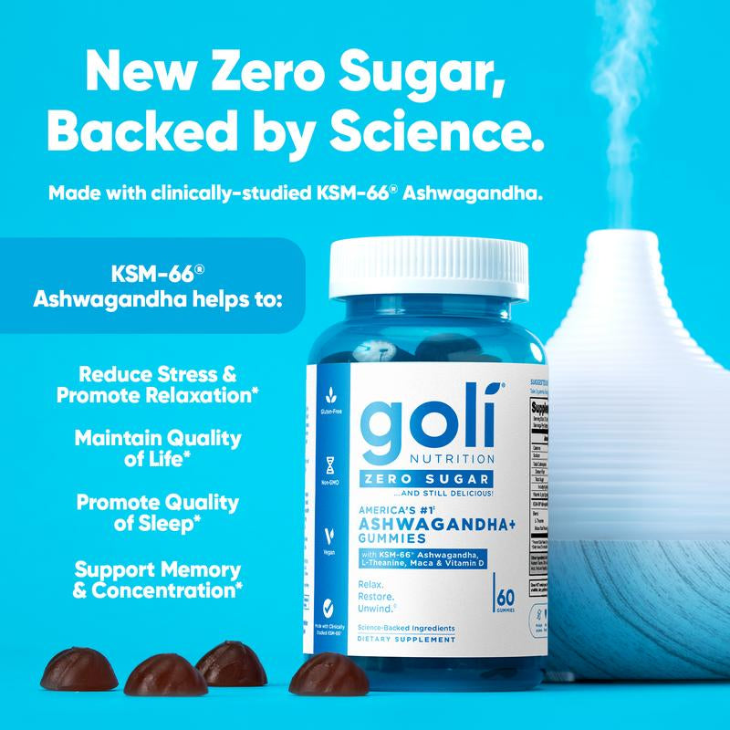 Goli Zero Sugar Ashwagandha & L-Theanine, Vitamin D & Maca Gummies - KSM-66, Keto-Friendly, No Artificial Sweeteners, No Sugar Alcohols, Vegan, Plant Based, Non-Gmo, Gluten-Free & Gelatin Free.