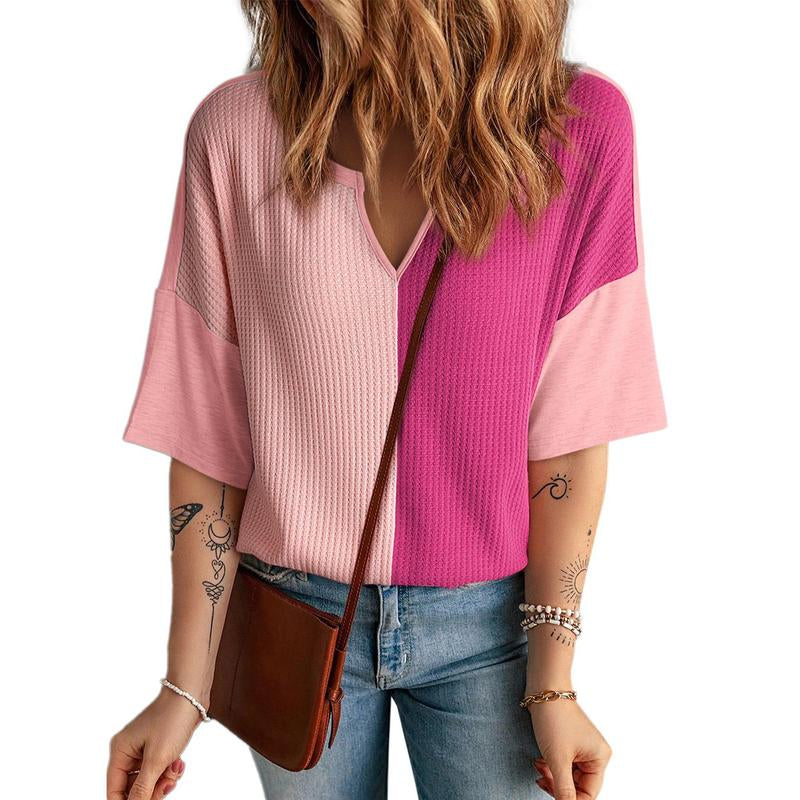 Dokotoo Womens Summer Tops Fashion 2025 Half Sleeve Waffle Knit Shirts Casual V Neck Colorblock Patchwork Blouses