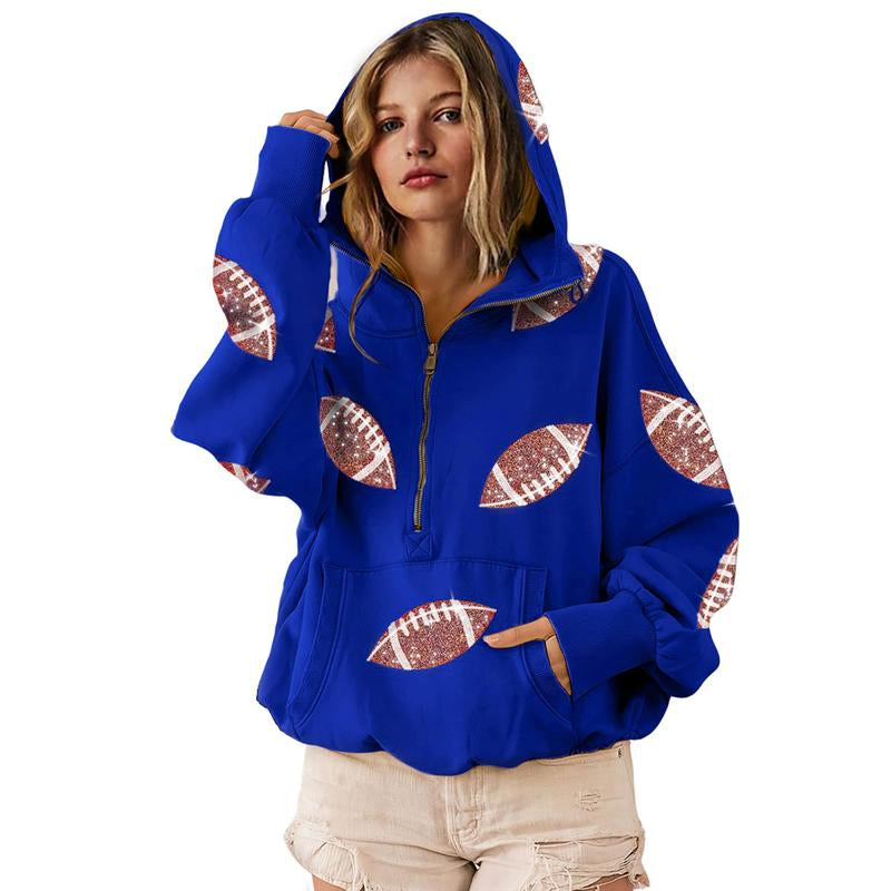 Ommig Womens Game Day Sweatshirts Football Sequin Hoodies Tailgate Outfits Long Sleeve Zipper Sweaters with Pocket