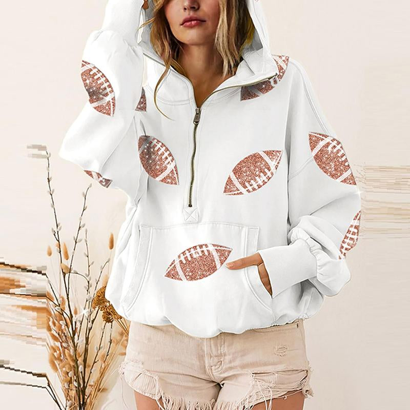 Ommig Womens Game Day Sweatshirts Football Sequin Hoodies Tailgate Outfits Long Sleeve Zipper Sweaters with Pocket