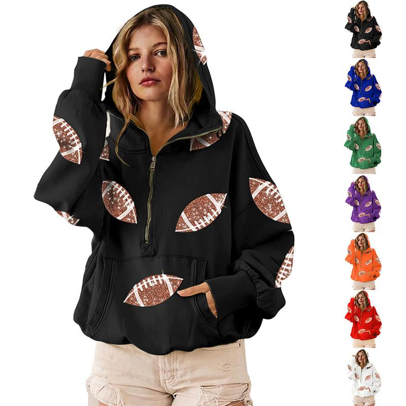 Ommig Womens Game Day Sweatshirts Football Sequin Hoodies Tailgate Outfits Long Sleeve Zipper Sweaters with Pocket