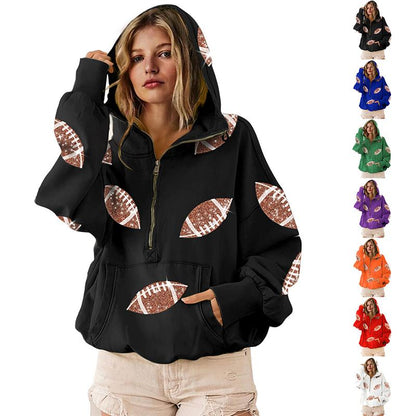 Ommig Womens Game Day Sweatshirts Football Sequin Hoodies Tailgate Outfits Long Sleeve Zipper Sweaters with Pocket