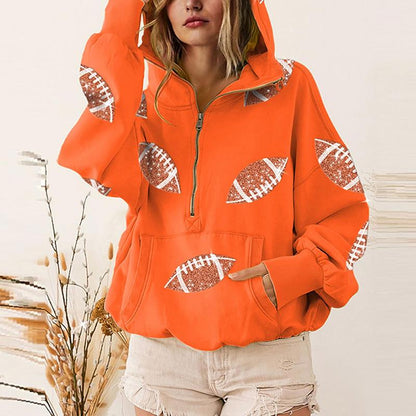 Ommig Womens Game Day Sweatshirts Football Sequin Hoodies Tailgate Outfits Long Sleeve Zipper Sweaters with Pocket
