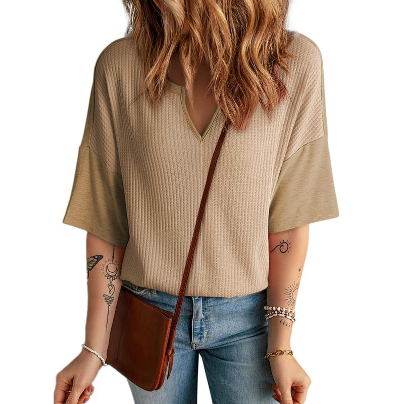 Dokotoo Womens Summer Tops Fashion 2025 Half Sleeve Waffle Knit Shirts Casual V Neck Colorblock Patchwork Blouses