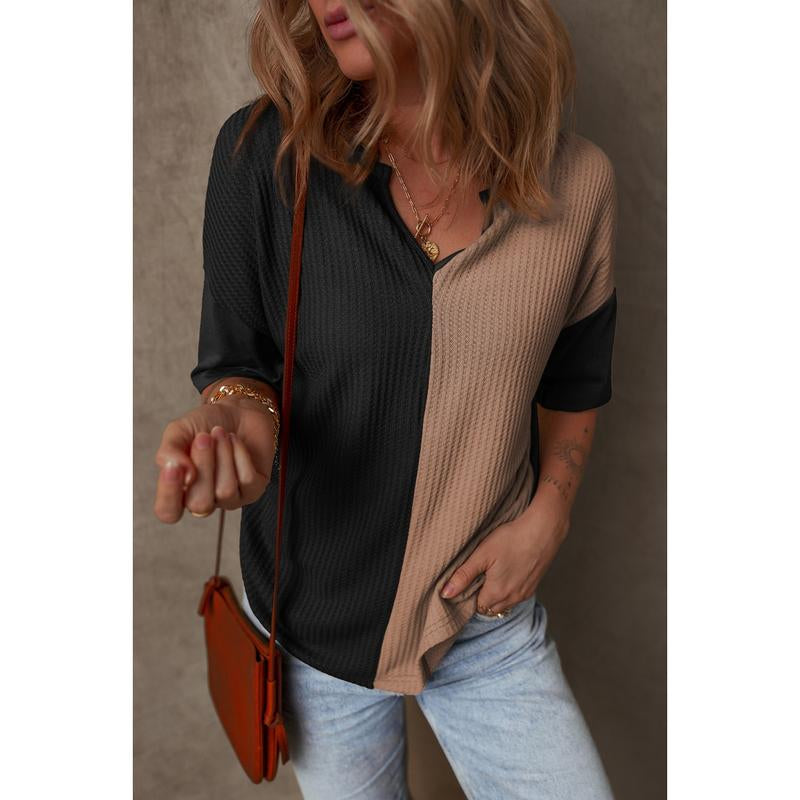 Dokotoo Womens Summer Tops Fashion 2025 Half Sleeve Waffle Knit Shirts Casual V Neck Colorblock Patchwork Blouses