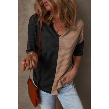 Dokotoo Womens Summer Tops Fashion 2025 Half Sleeve Waffle Knit Shirts Casual V Neck Colorblock Patchwork Blouses