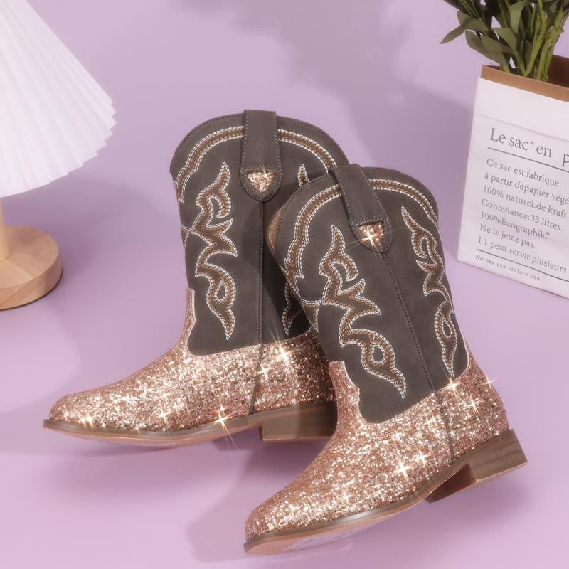 Pasuvo Adorable Toddler Girls and Boys’ Sparkle Glitter Cowboy Boots PU Boots – Western Style Mid-Calf Riding Shoes for Little and Big Kids, Perfect for Every Cowgirl Pink, Black, Gold, Brown