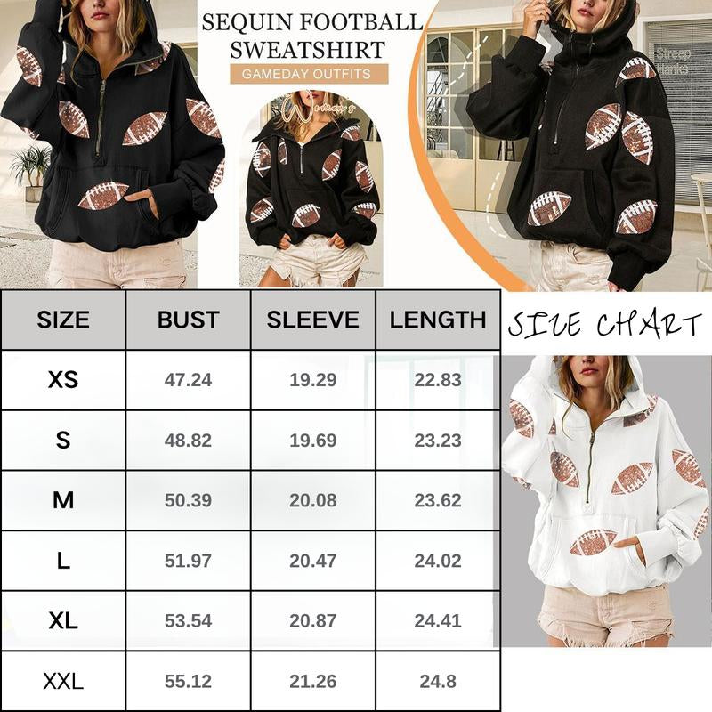Ommig Womens Game Day Sweatshirts Football Sequin Hoodies Tailgate Outfits Long Sleeve Zipper Sweaters with Pocket