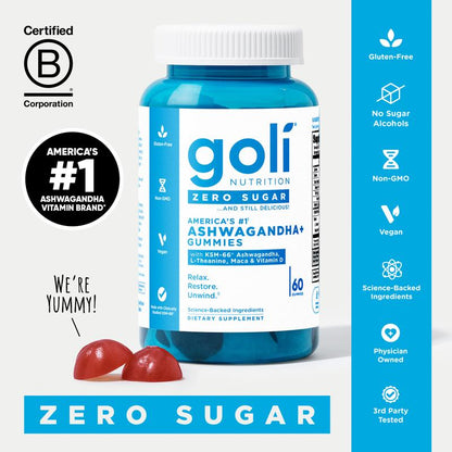 Goli Zero Sugar Ashwagandha & L-Theanine, Vitamin D & Maca Gummies - KSM-66, Keto-Friendly, No Artificial Sweeteners, No Sugar Alcohols, Vegan, Plant Based, Non-Gmo, Gluten-Free & Gelatin Free.