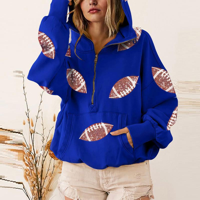 Ommig Womens Game Day Sweatshirts Football Sequin Hoodies Tailgate Outfits Long Sleeve Zipper Sweaters with Pocket