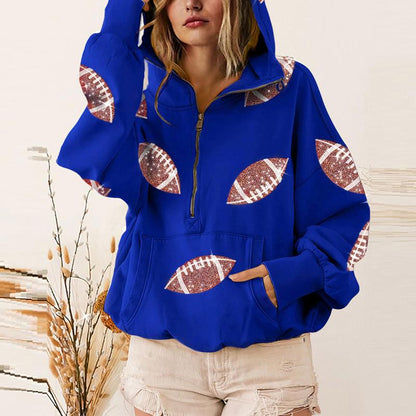 Ommig Womens Game Day Sweatshirts Football Sequin Hoodies Tailgate Outfits Long Sleeve Zipper Sweaters with Pocket