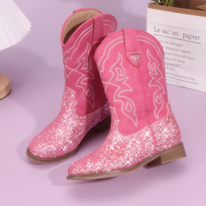Pasuvo Adorable Toddler Girls and Boys’ Sparkle Glitter Cowboy Boots PU Boots – Western Style Mid-Calf Riding Shoes for Little and Big Kids, Perfect for Every Cowgirl Pink, Black, Gold, Brown