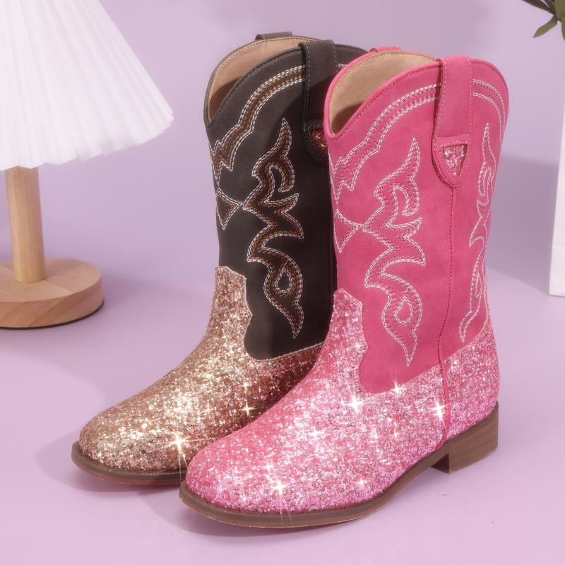 Pasuvo Adorable Toddler Girls and Boys’ Sparkle Glitter Cowboy Boots PU Boots – Western Style Mid-Calf Riding Shoes for Little and Big Kids, Perfect for Every Cowgirl Pink, Black, Gold, Brown
