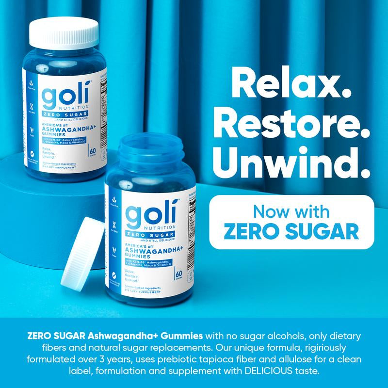 Goli Zero Sugar Ashwagandha & L-Theanine, Vitamin D & Maca Gummies - KSM-66, Keto-Friendly, No Artificial Sweeteners, No Sugar Alcohols, Vegan, Plant Based, Non-Gmo, Gluten-Free & Gelatin Free.