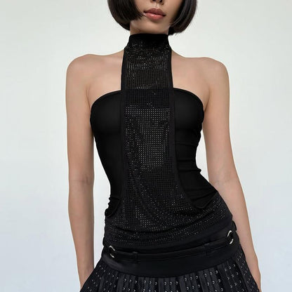 Crystal Embellished Halter Tank Top Women'S Sexy Neck Tie Back Slim Bodycon Solid Top for Summer Holiday Vacation Outfit Night Party Dating Short Tops